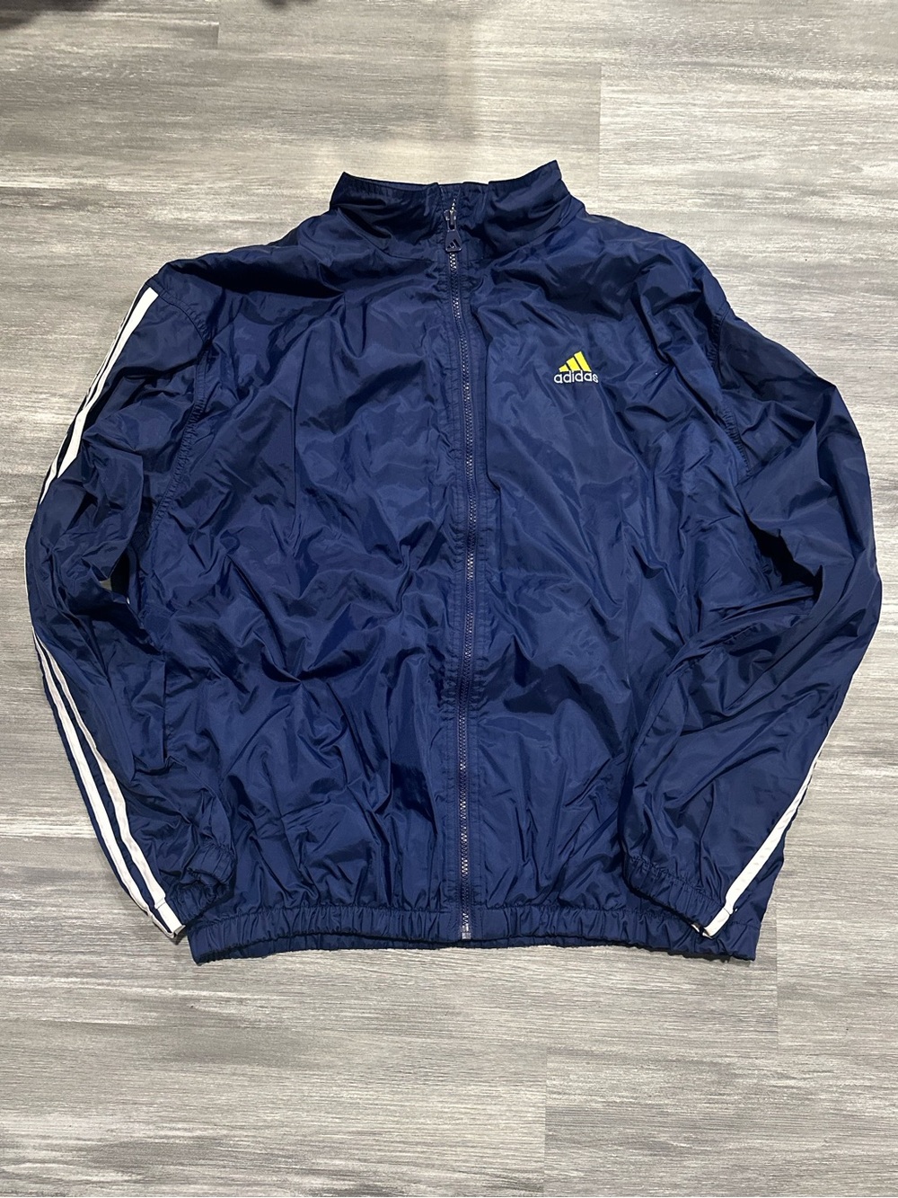 Y2K Adidas Navy and White Stripe Windbreaker Track Jacket Large